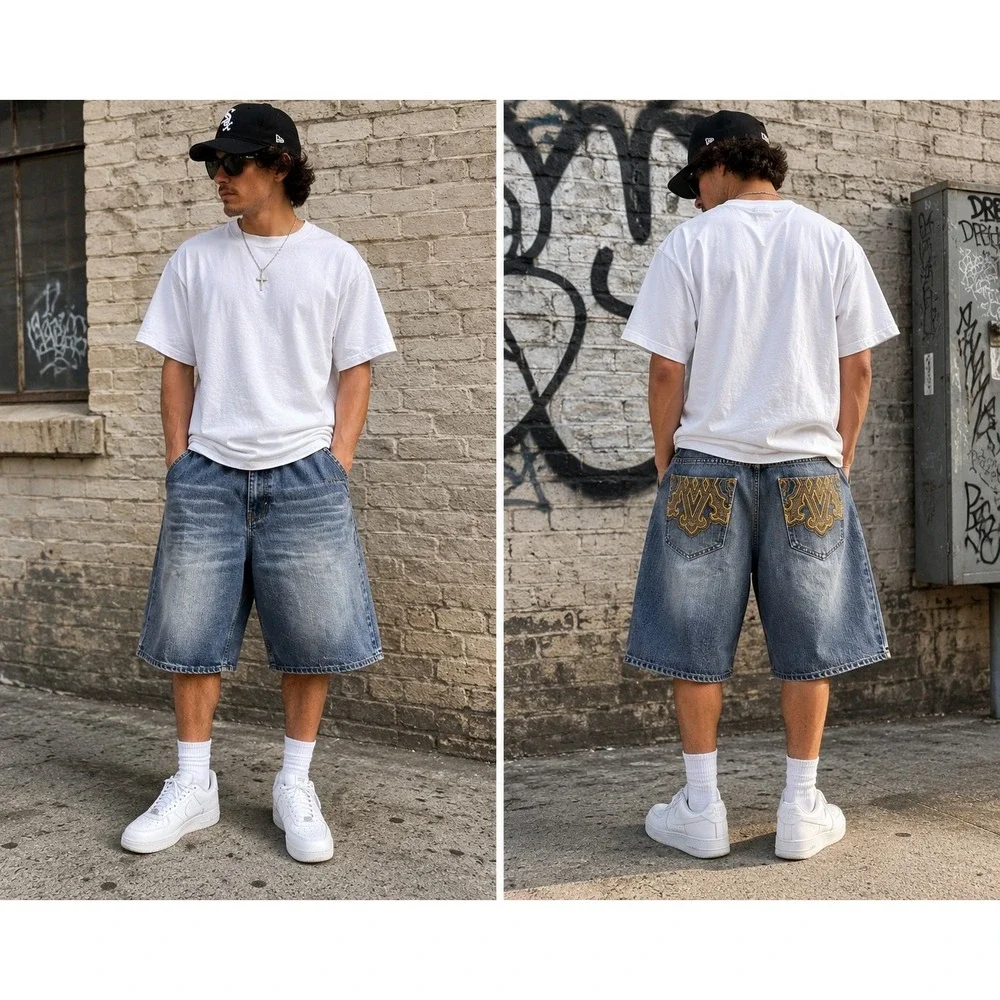 Y2K Avirex Denim Shorts Men 38 Baggy Embroidered Pocket Hip Hop Streetwear Jorts